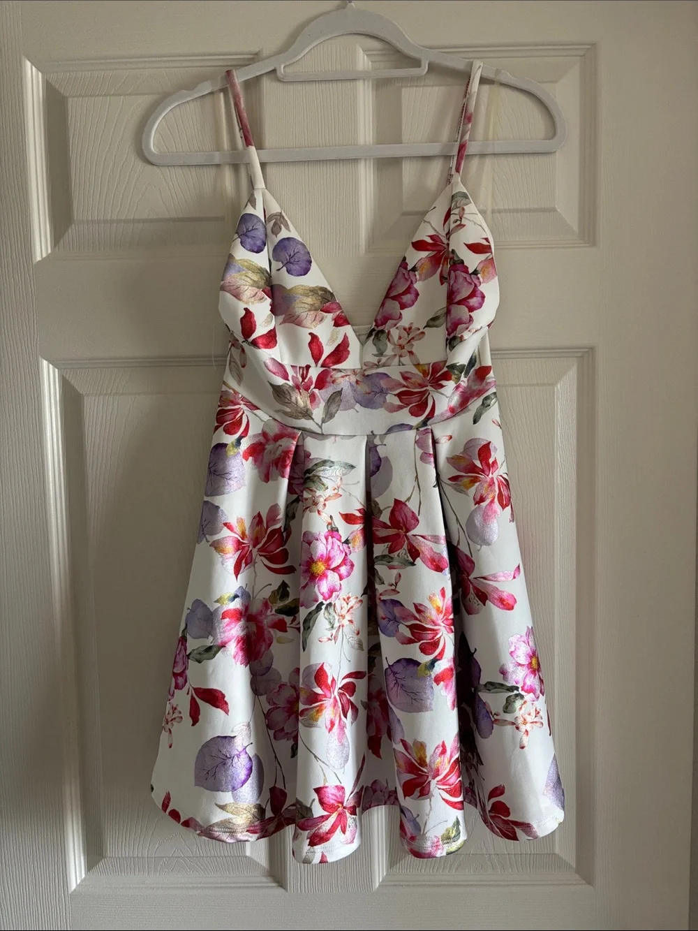 Floral V-Neck Mini Dress - White with Pink & Purple Flowers